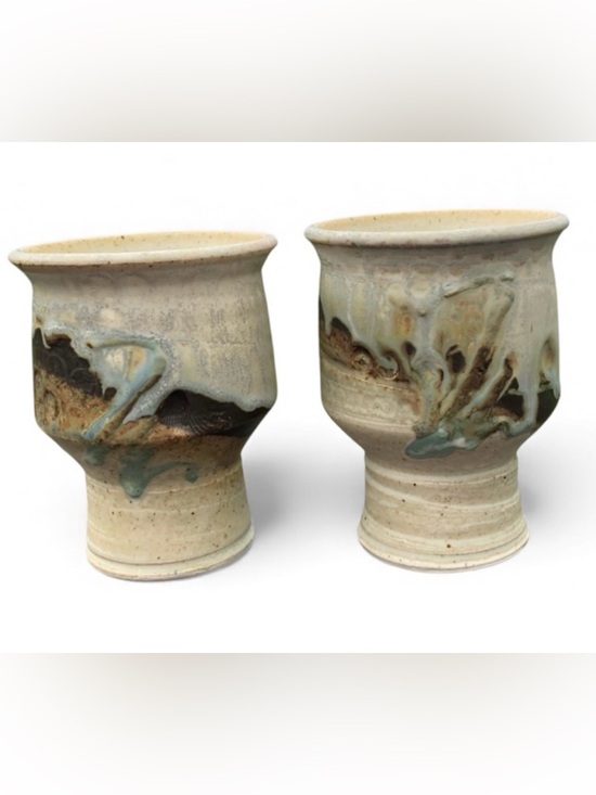 Other - Artist Signed 2 Studio Pottery Goblets Cups - Creamy Tan Brown Blue Green Glaze